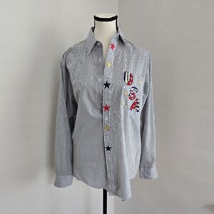 Vintage Women's Striped Button Down Shirt with USA Embroidery Size Small